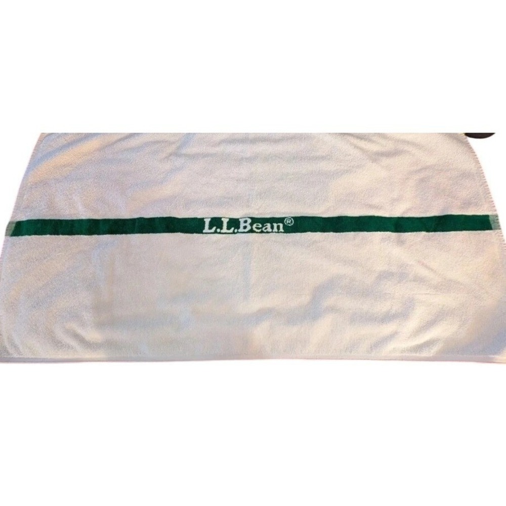 Vintage LL Bean Martex Beach Towel White Hunter Green Logo Made in USA Cotton